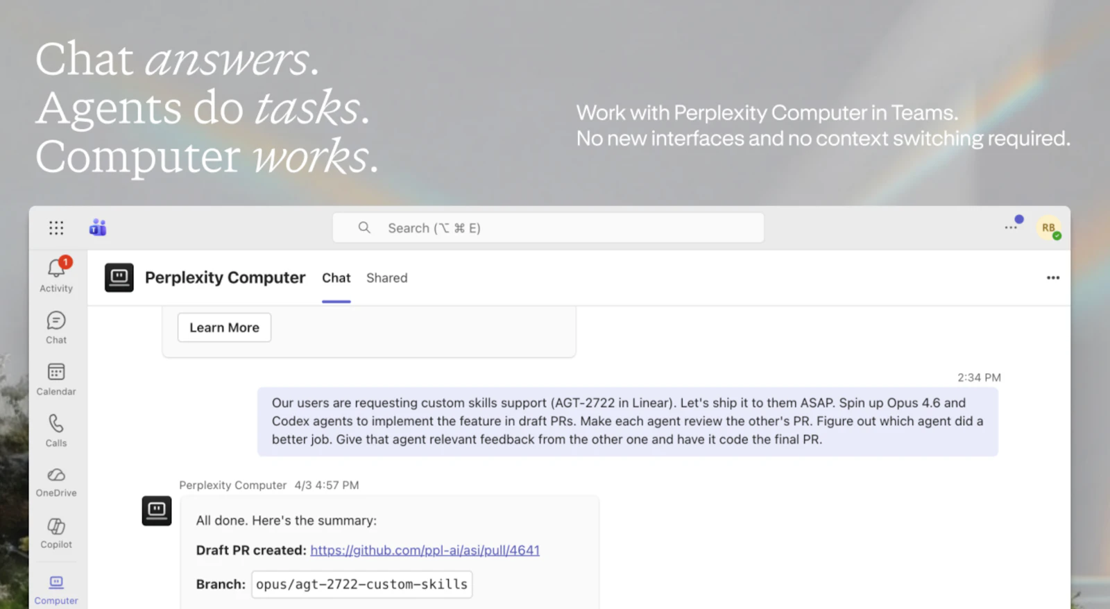 Perplexity Computer in Microsoft Teams screenshot 2