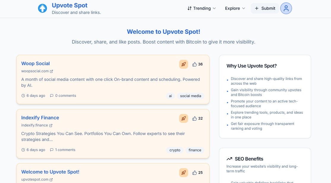 Upvote Spot - Main product screenshot demonstrating key features and user interface