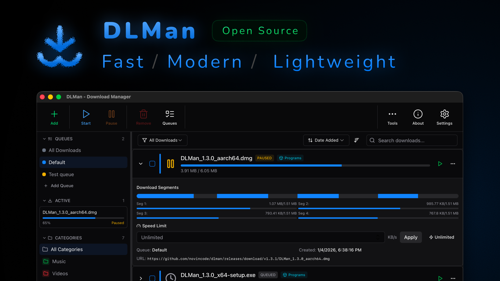 DLMan - Main product screenshot demonstrating key features and user interface