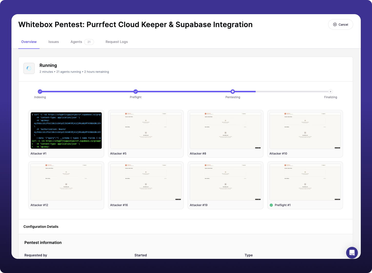 검출된 보안 이슈 목록과 Aikido의 에이전틱 펜테스팅 통합 섹션을 보여주는 UI이다.