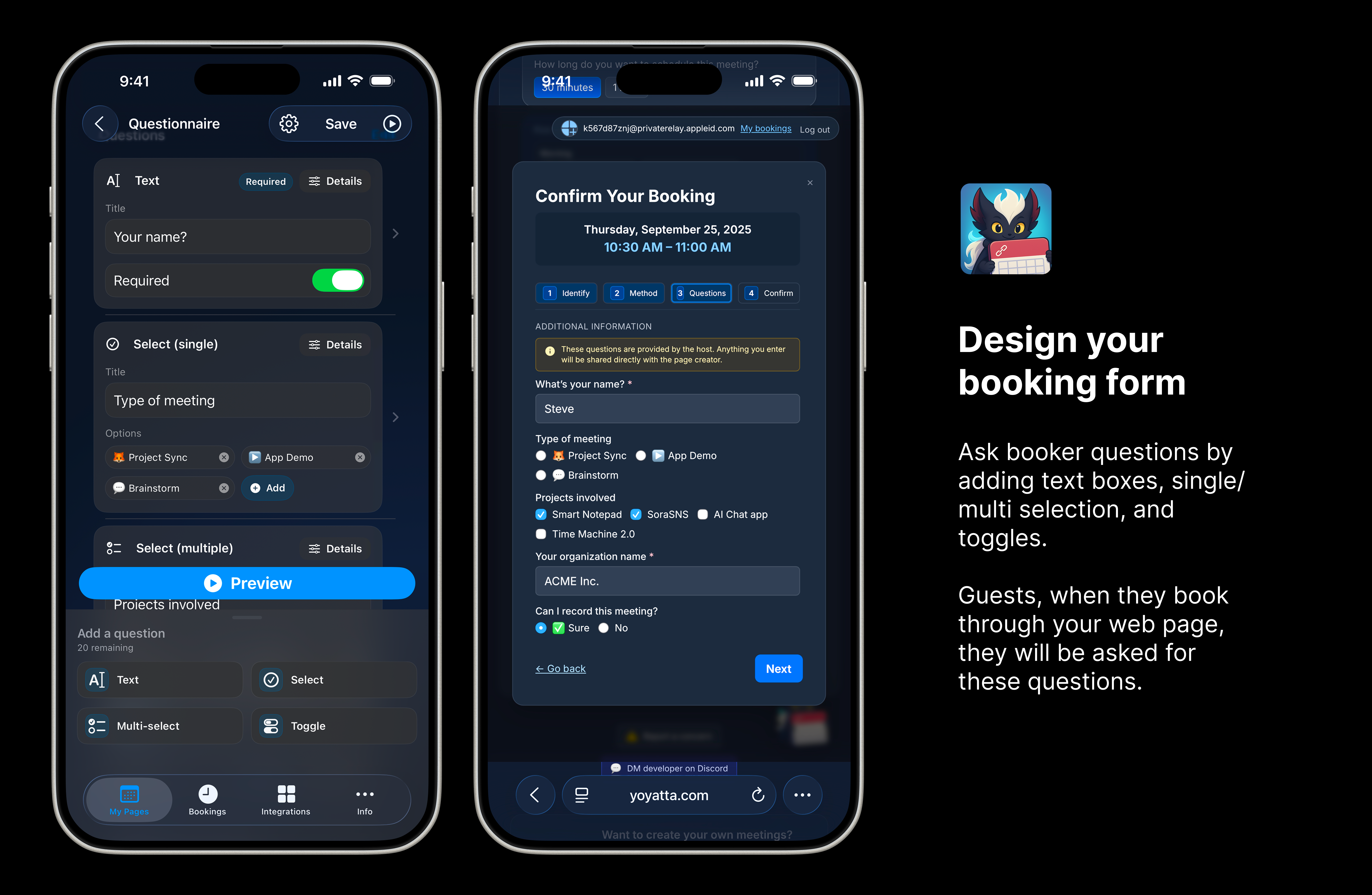 Média Yoyatta / booku.ai - Votre page d'organisation - Planification vérifiée - Formes, liens de zoom automatique, IP / Gating Email 4