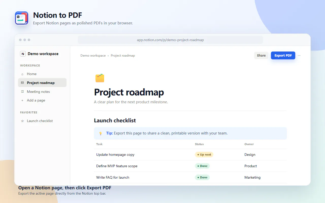Notion to PDF screenshot