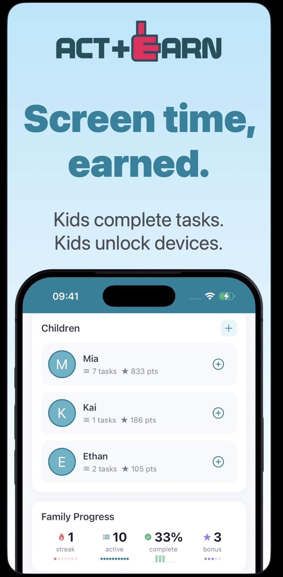 ACT+EARN: Kids Screen Time - Product Hunt launch logo and brand identity