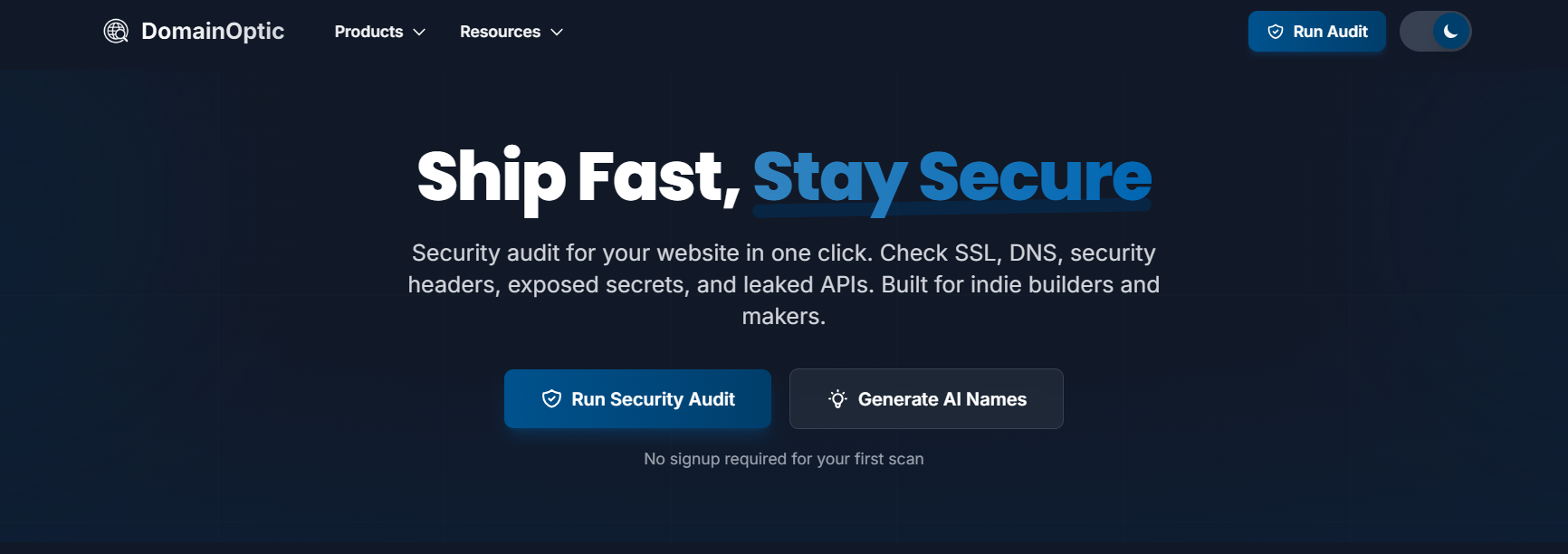 DomainOptic - Ship fast, stay secure - Main product screenshot demonstrating key features and user interface