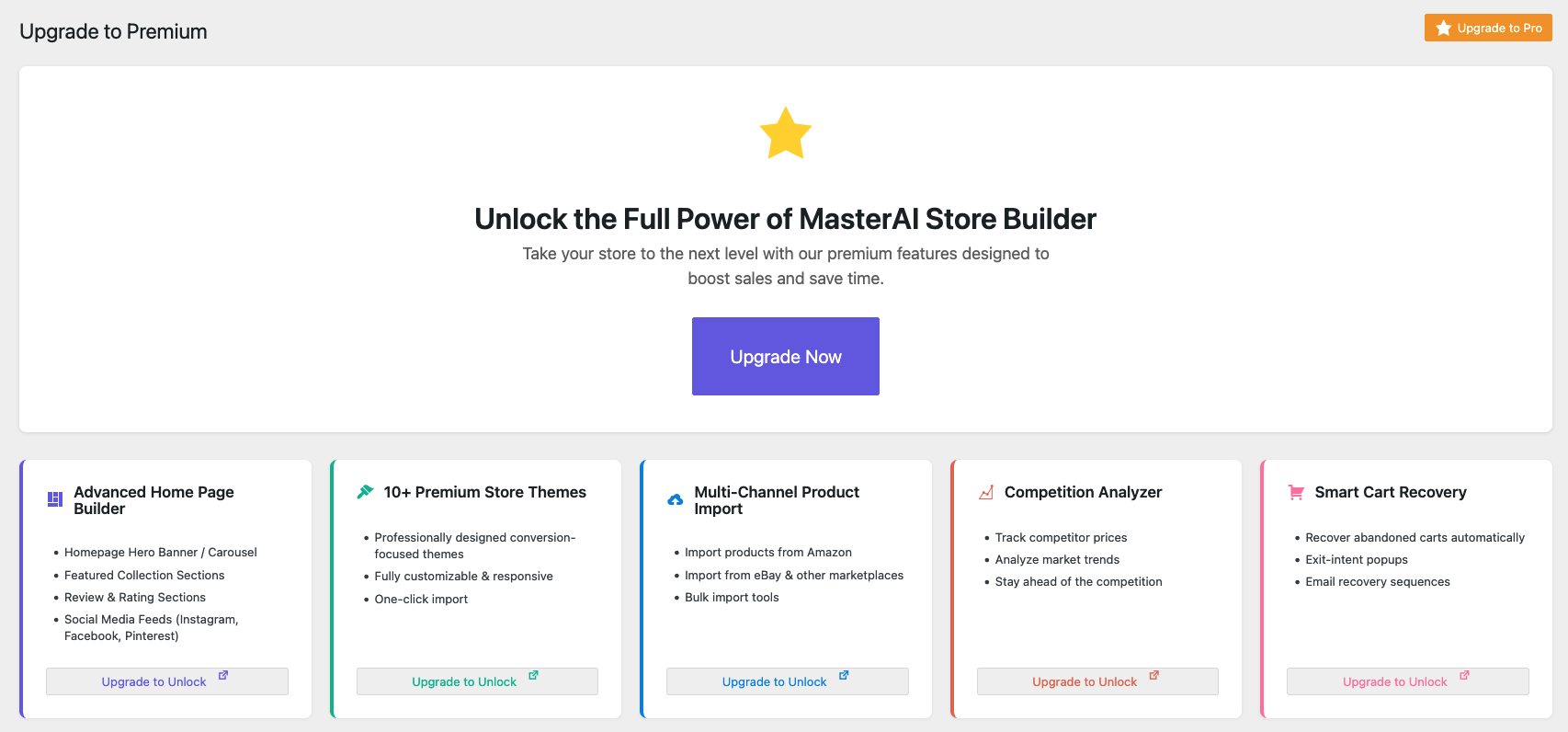 MasterAI Store Builder - Screenshot 2 showing product features and functionality