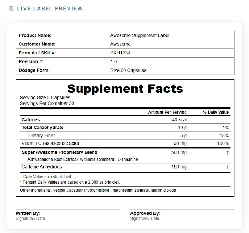 Free Supplement Facts Label Creator screenshot 1