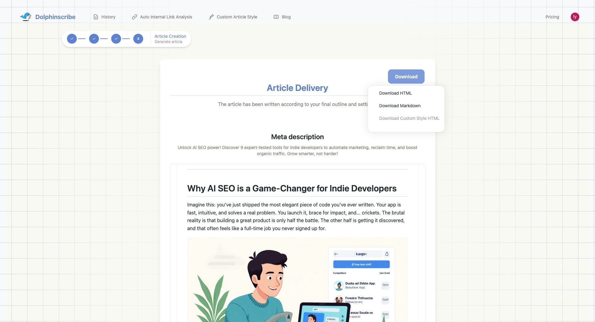 Dolphinscribe - El motor de contenido de AI SEO para desarrolladores independientes media 6