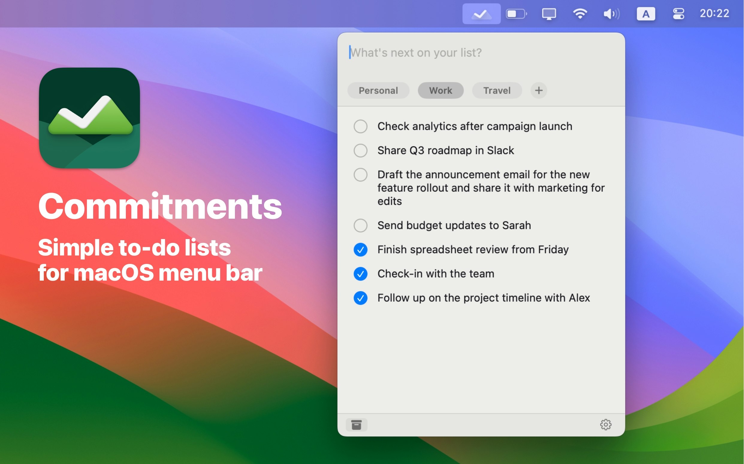Impegni - Elenco di cose da fare minimo e nativo per la barra dei menu macOS media 1