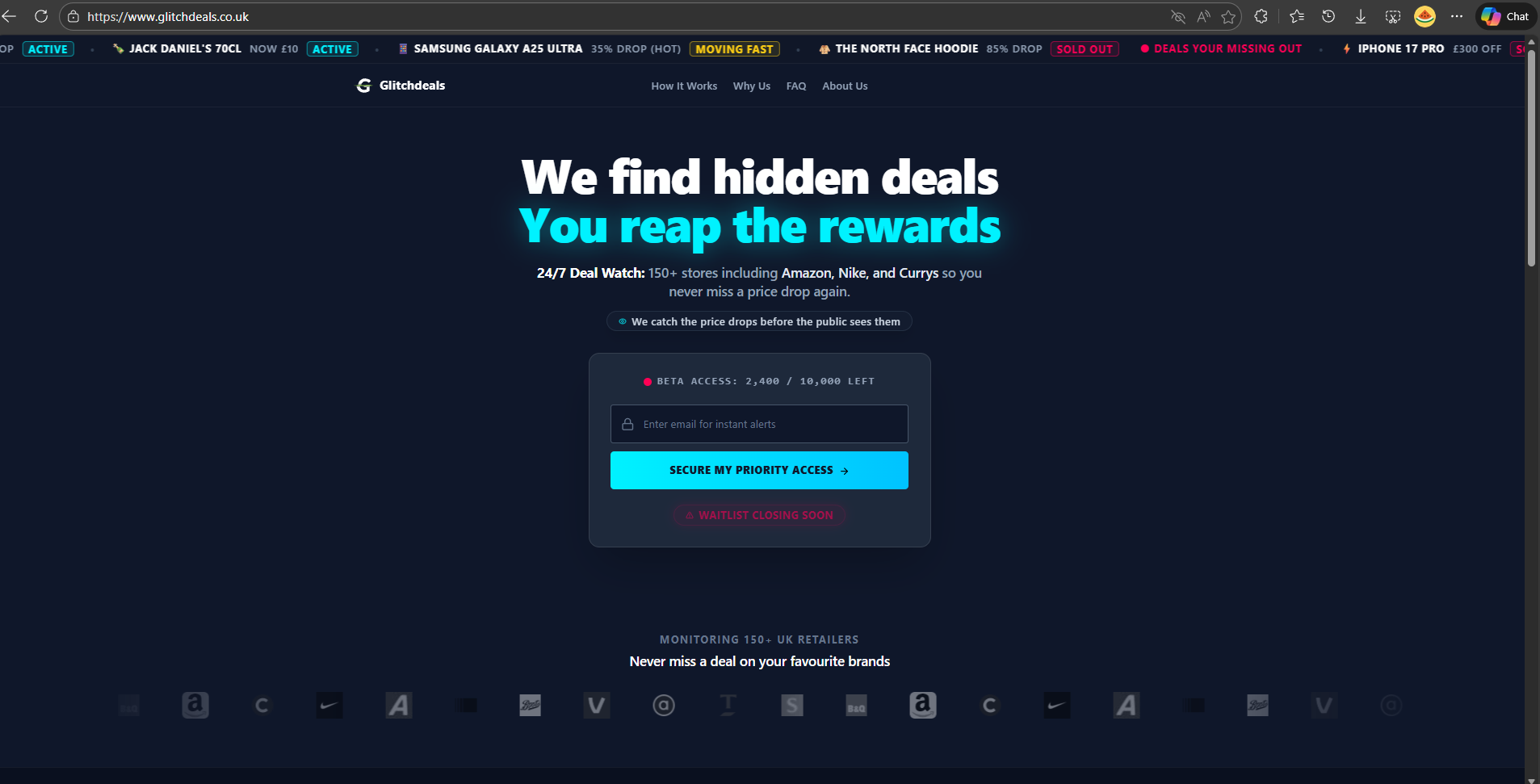 Glitchdeals - Main product screenshot demonstrating key features and user interface