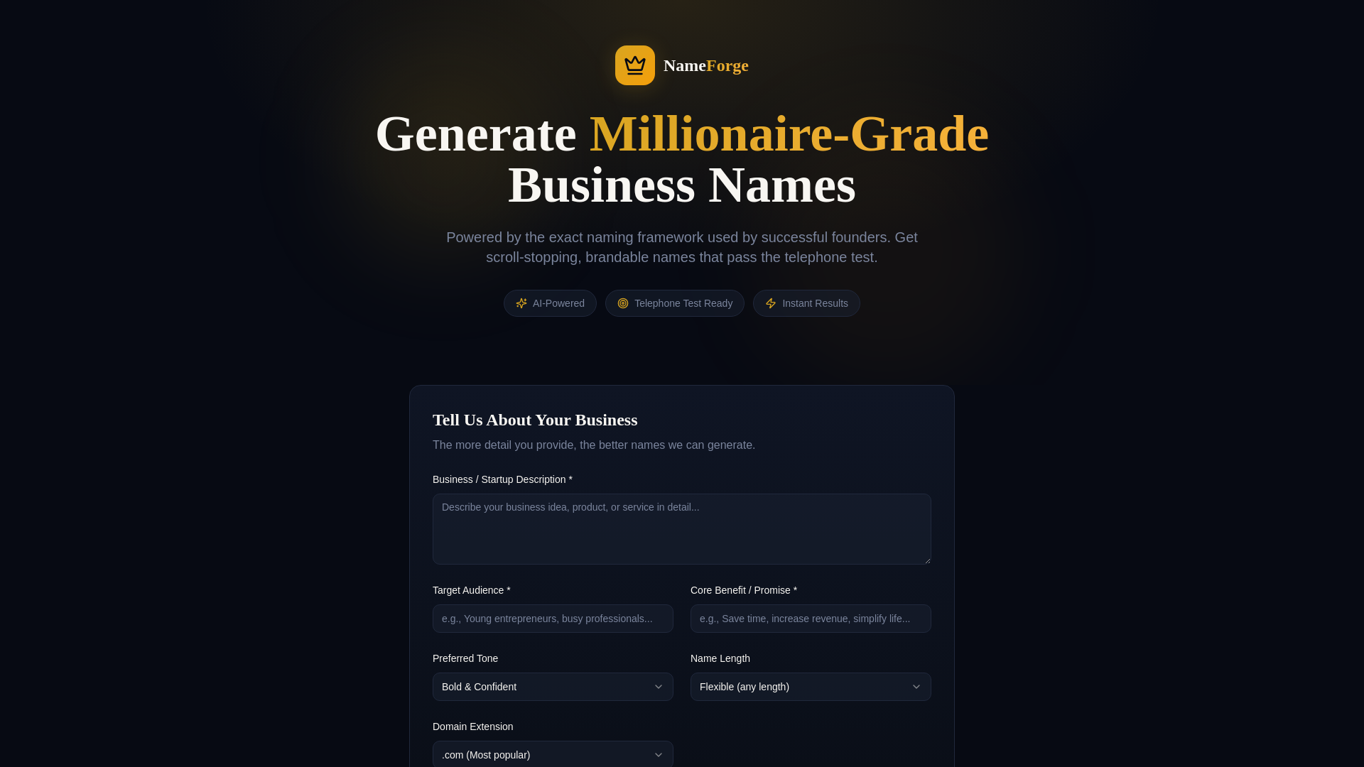 NameForge - Main product screenshot demonstrating key features and user interface