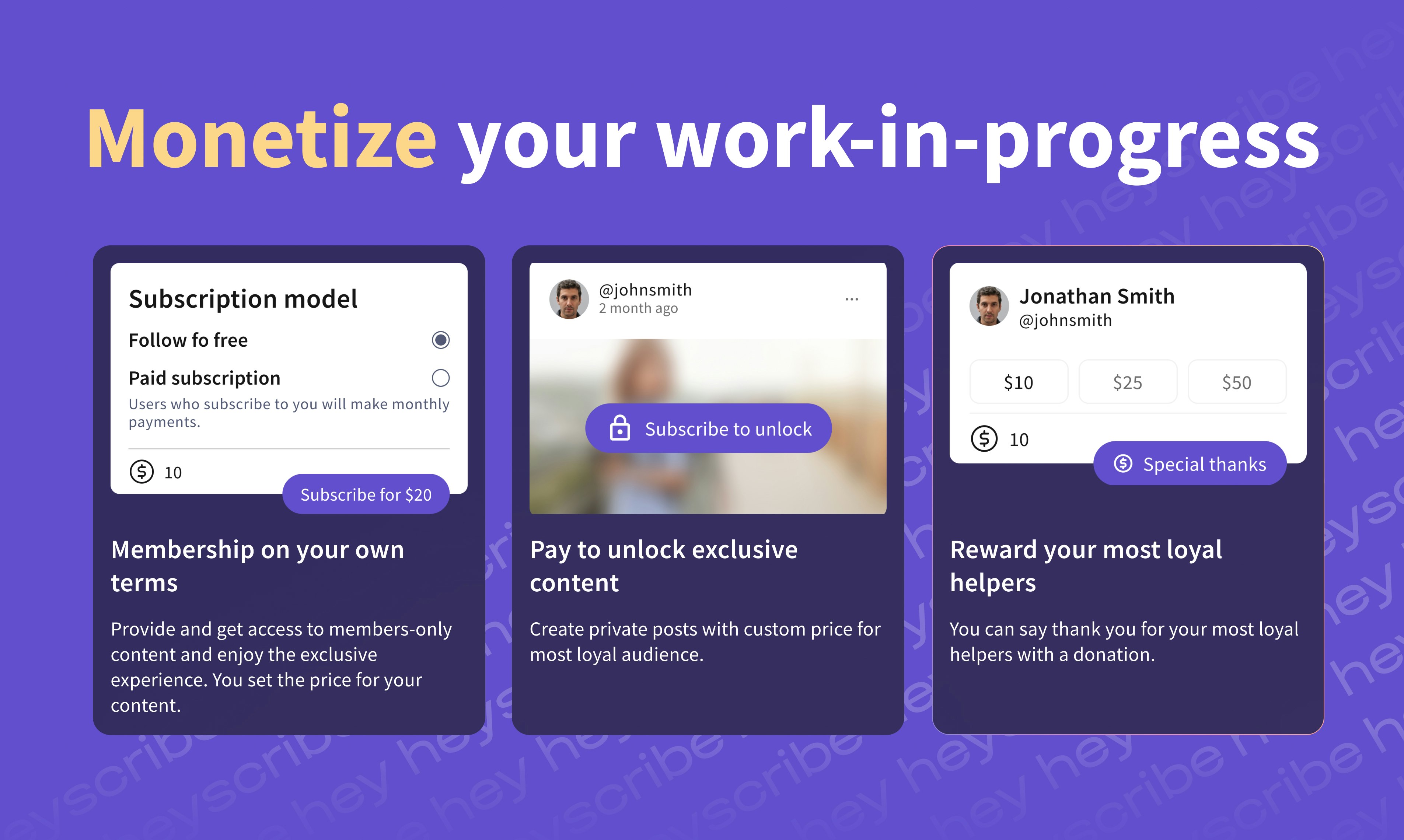 Heyscribe - Управляйте и монетизируйте свою творческую работу незавершенной работы медиа 2