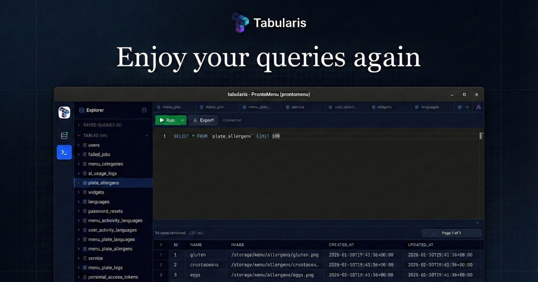 Tabularis - Main product screenshot demonstrating key features and user interface