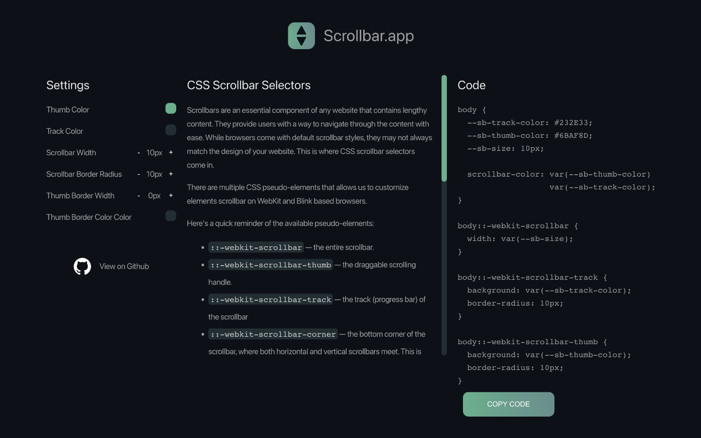 Прокрутка - Простое веб -приложение для разработки пользовательских полос CSS Scrollbars медиа 1