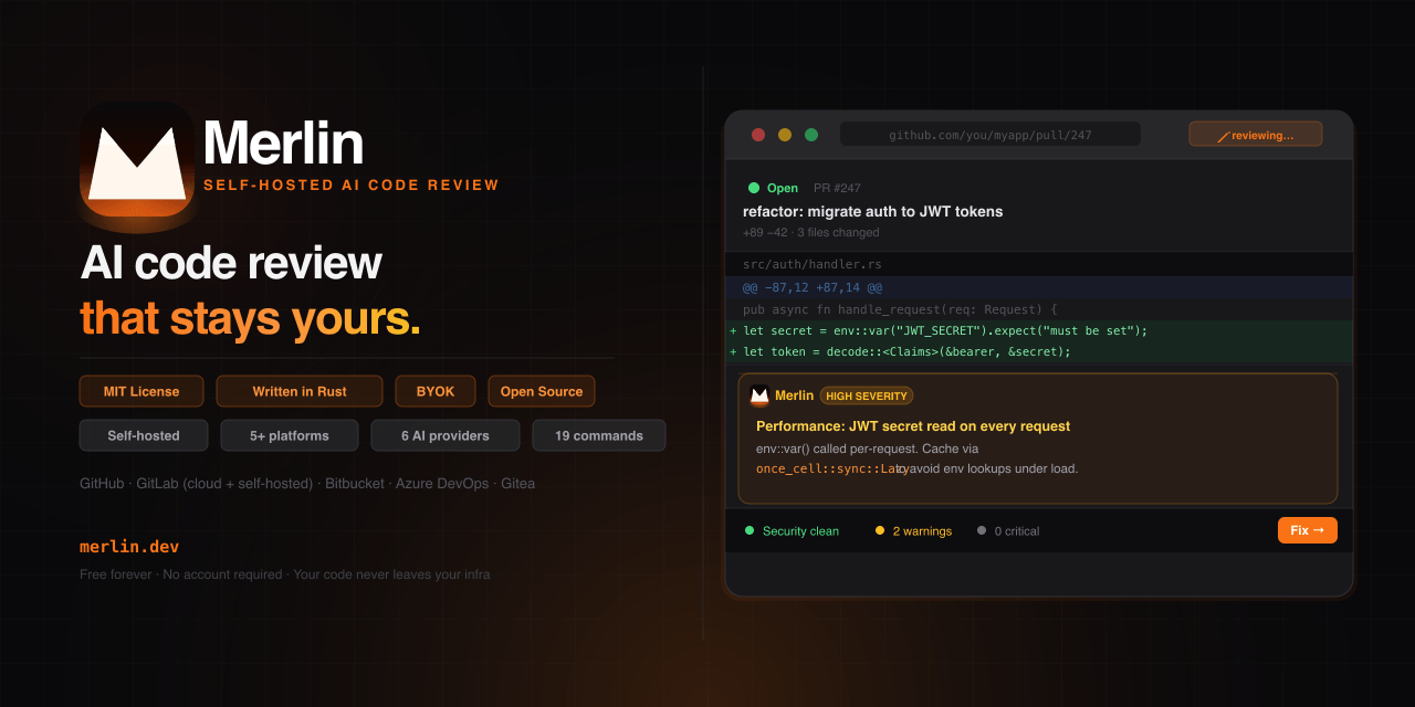 Merlin AI Code Review - Main product screenshot demonstrating key features and user interface