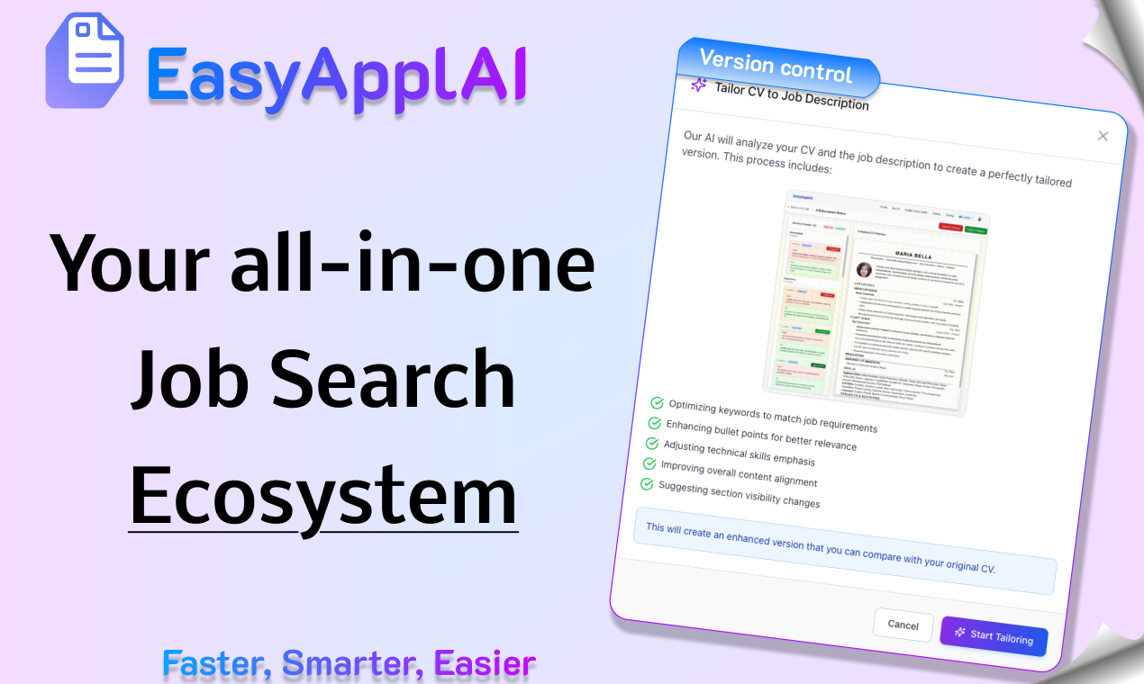 EasyApplai - नौकरी बाजार के लिए अनुकूल - रिज्यूमे, कवर, साक्षात्कार तैयार करें।फेटर, होशियार, आसान। मीडिया 1