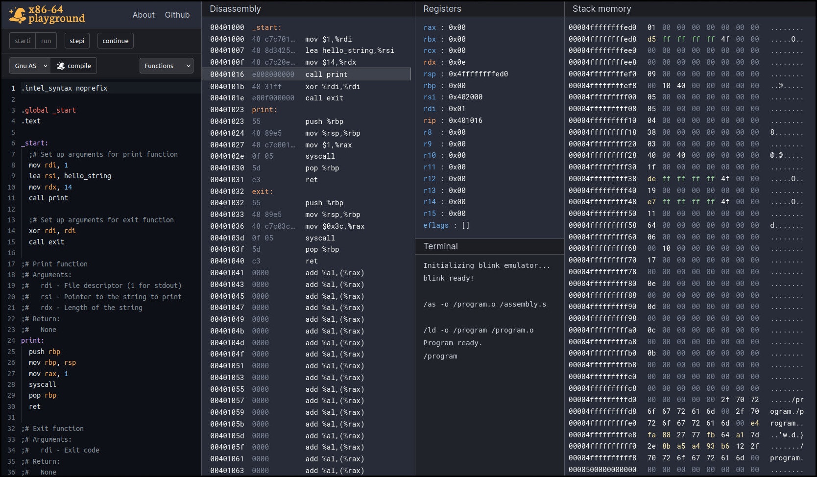 x86-64 oyun alanı - Tarayıcınızdan montaj kodu yazın ve öğrenin medya 2