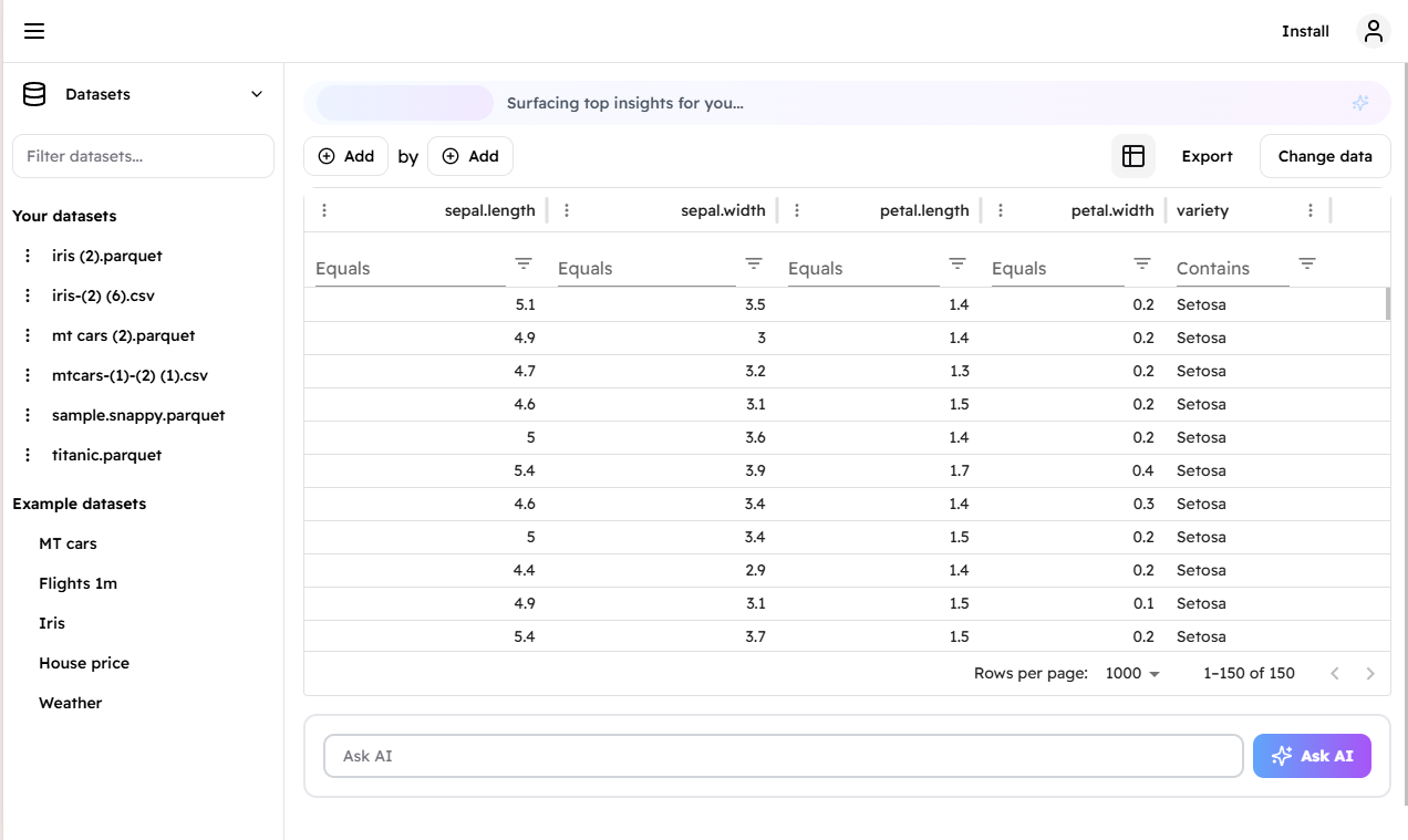 Mídia 1 de Visualizador de parquet com exploração de dados de IA - Abra instantaneamente e analise os arquivos parquet online com a IA