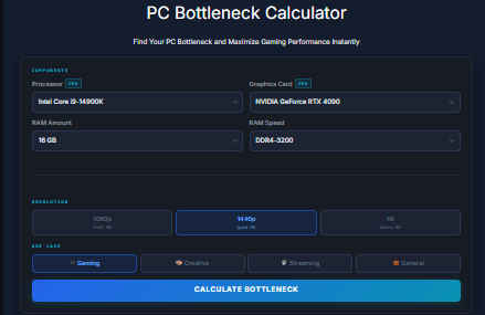 PC Bottleneck Calculator - Main product screenshot demonstrating key features and user interface