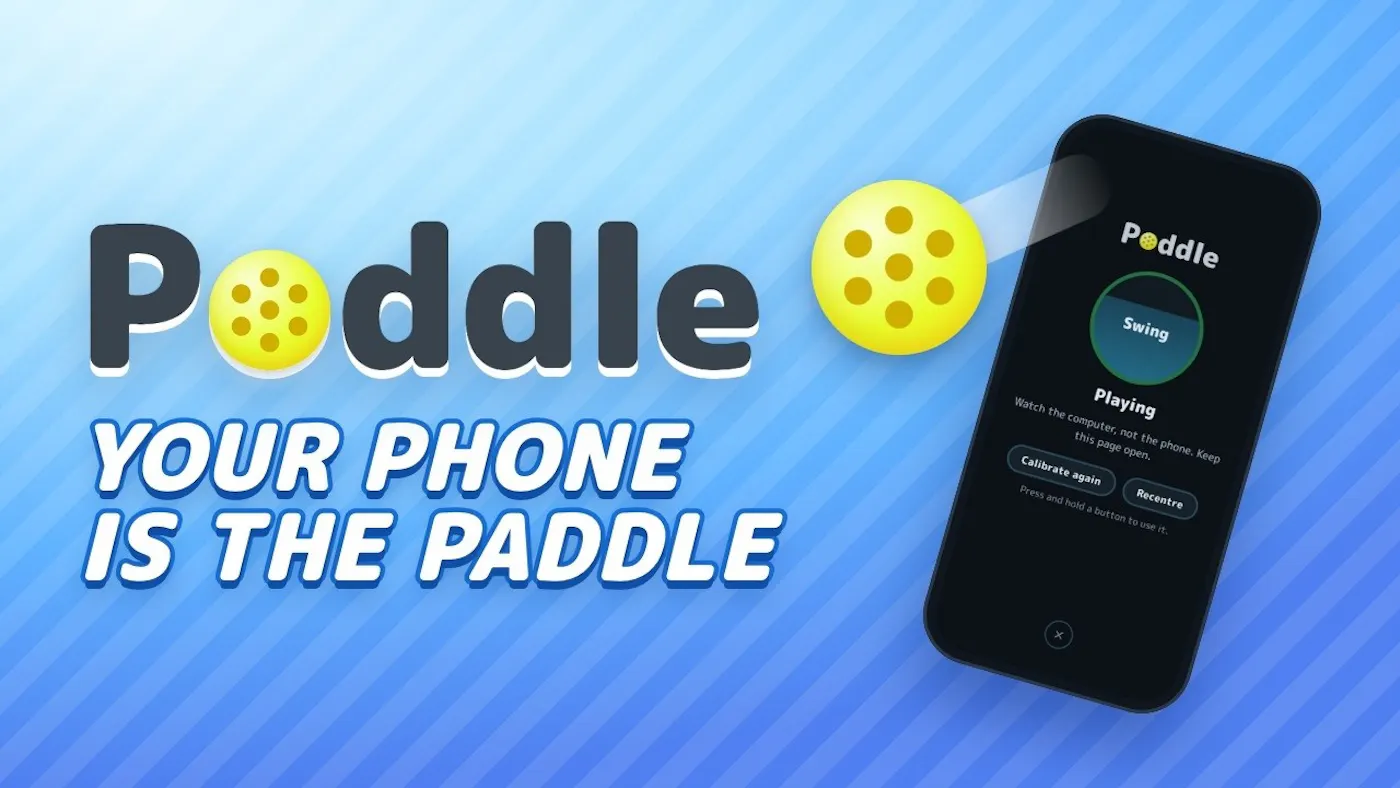 Poddle title card reading 'Your phone is the paddle', with a phone showing the Poddle controller screen