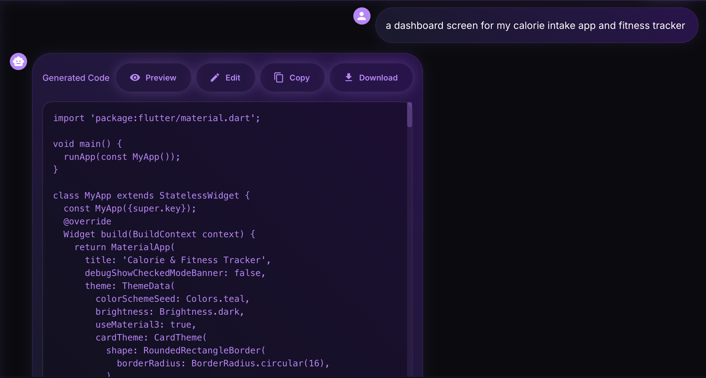 Mídia 2 de Prompt2Flutter - Gere UIs Flutter a partir do texto, instantaneamente.