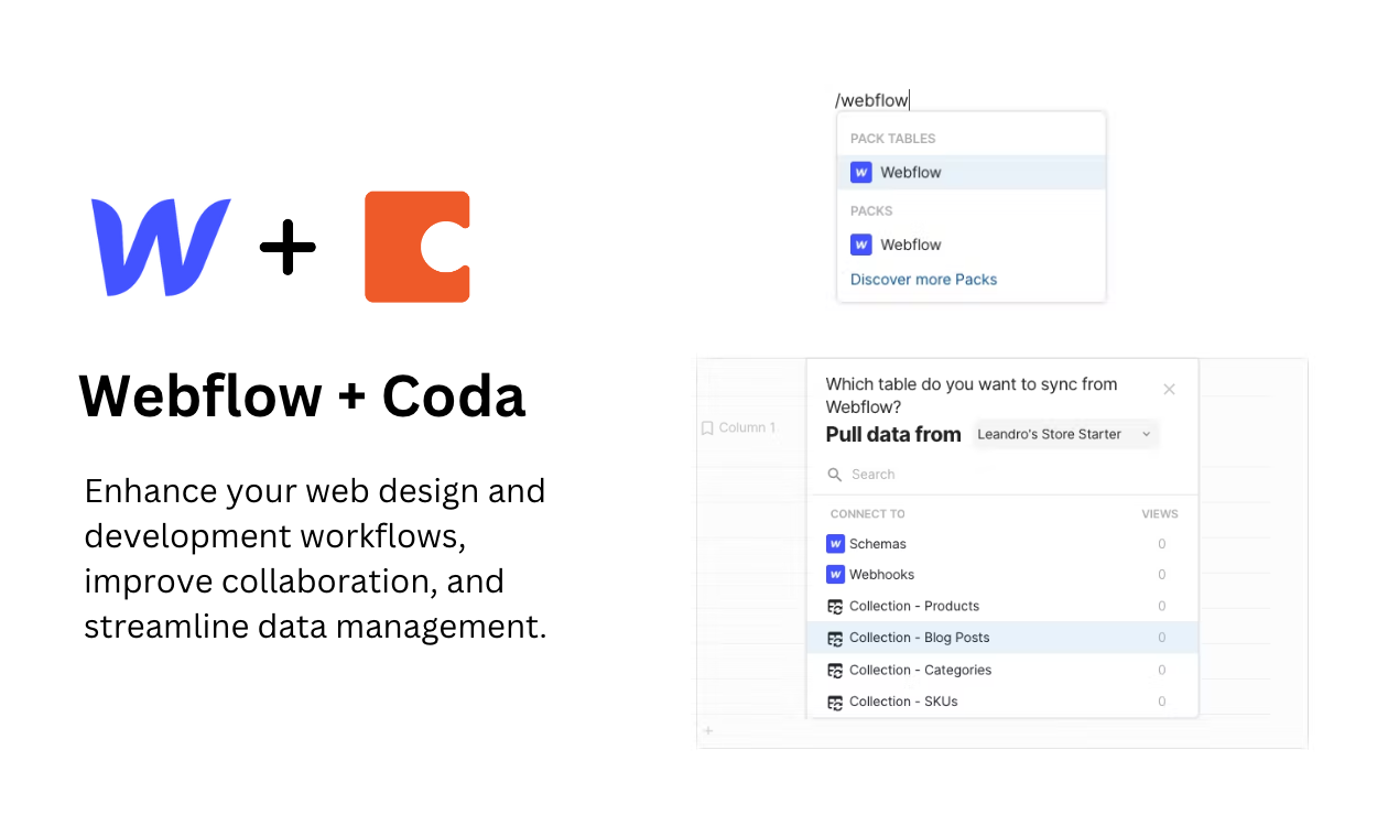 Webflow Pack for Coda - Webflow collections and e-commerce data in sync  with Coda | Product Hunt