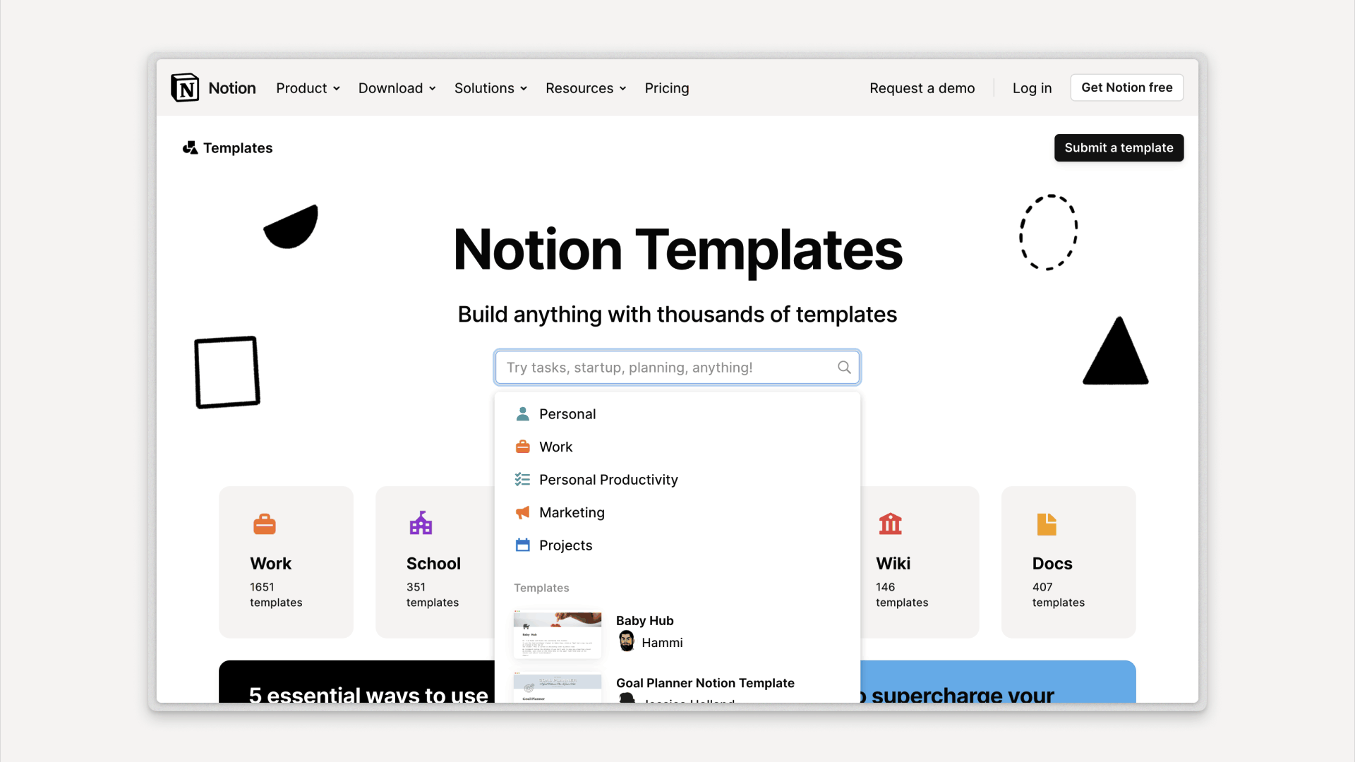 startuptile Notion Template Gallery-Creator profiles. Improved search. Over 5000 templates.