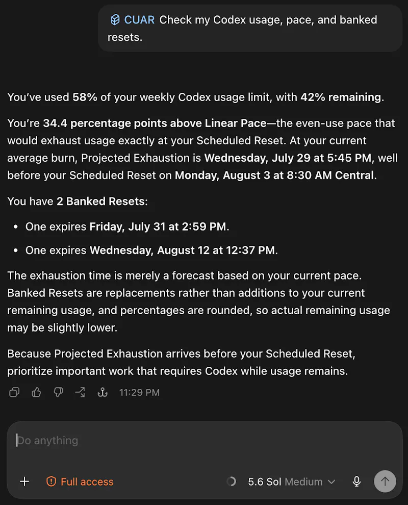 Codex Usage and Resets Plugin screenshot 3