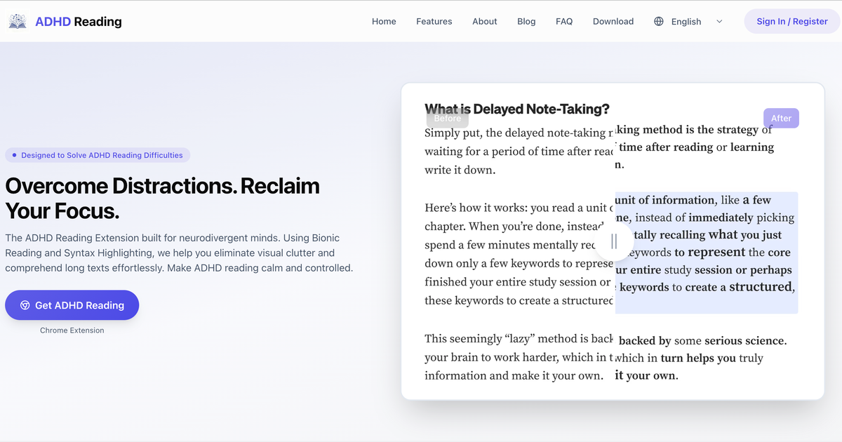 ADHD Reading - Main product screenshot demonstrating key features and user interface