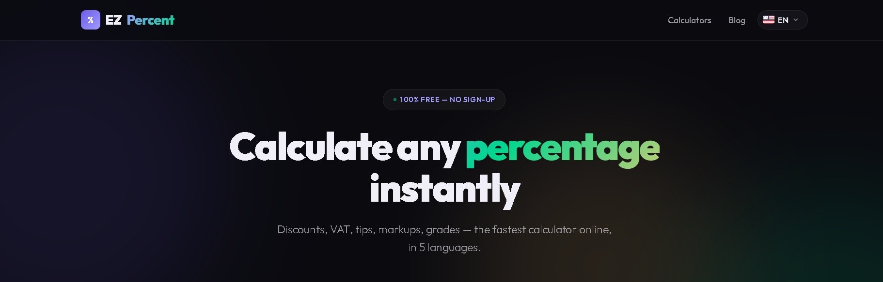 Free % calculator · 5 languages · Fast gallery image