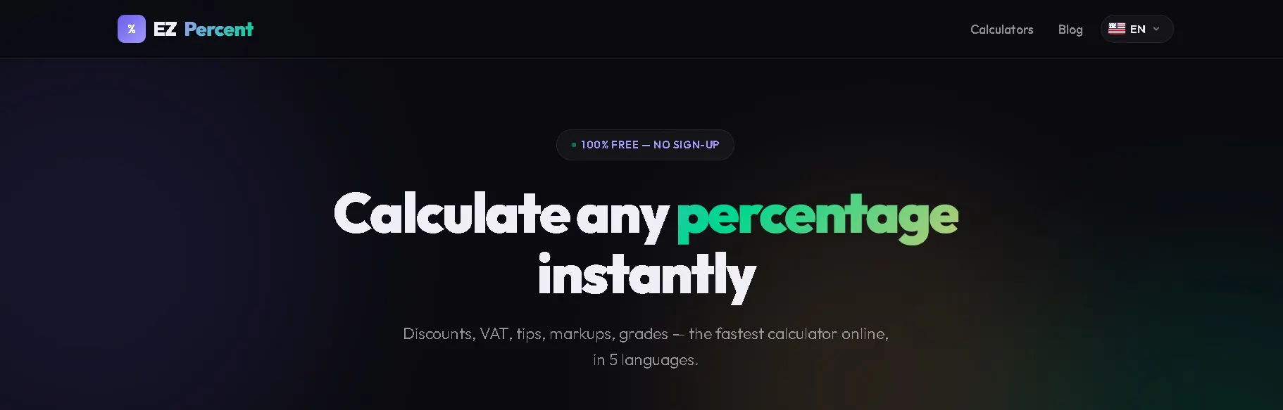 Free % calculator · 5 languages · Fast のプロダクトバナー