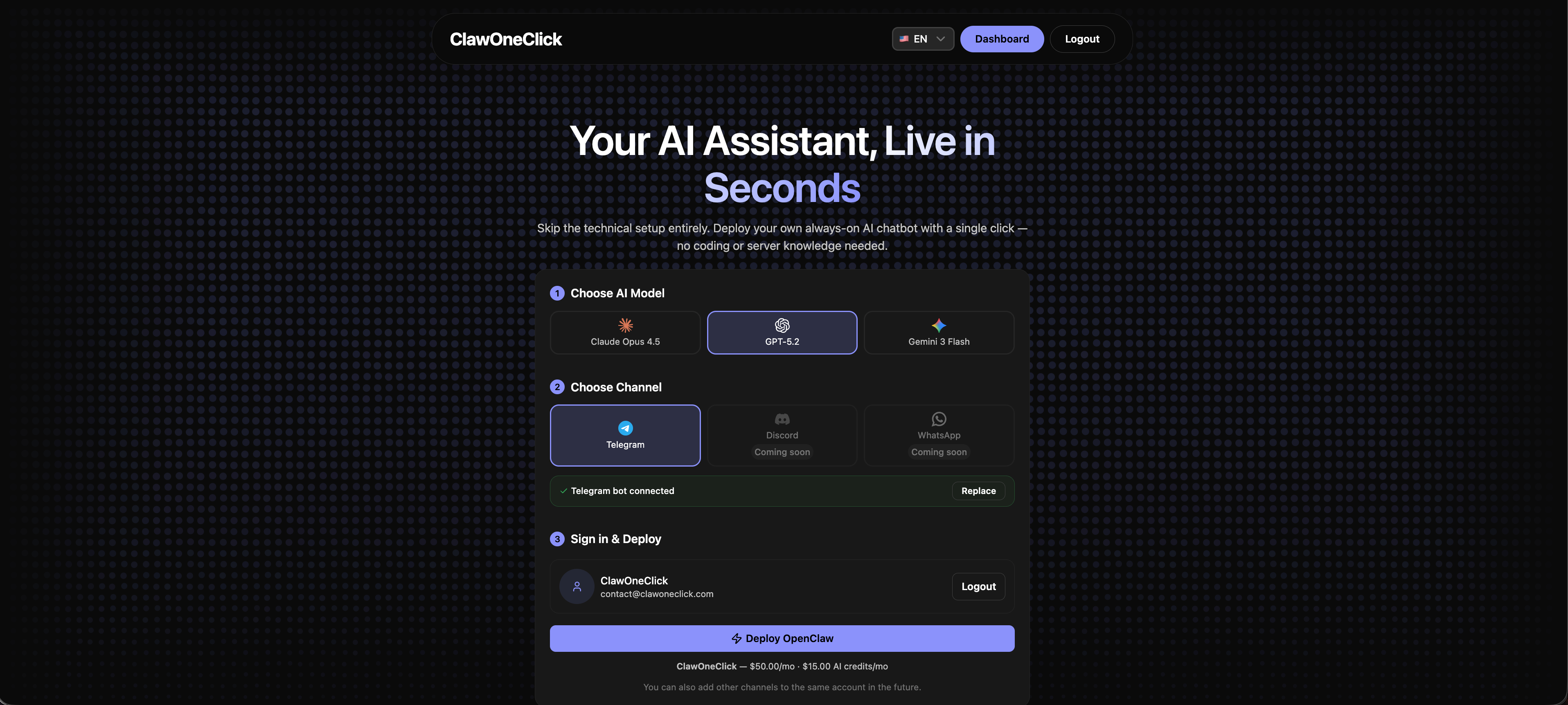 ClawOneClick - Main product screenshot demonstrating key features and user interface