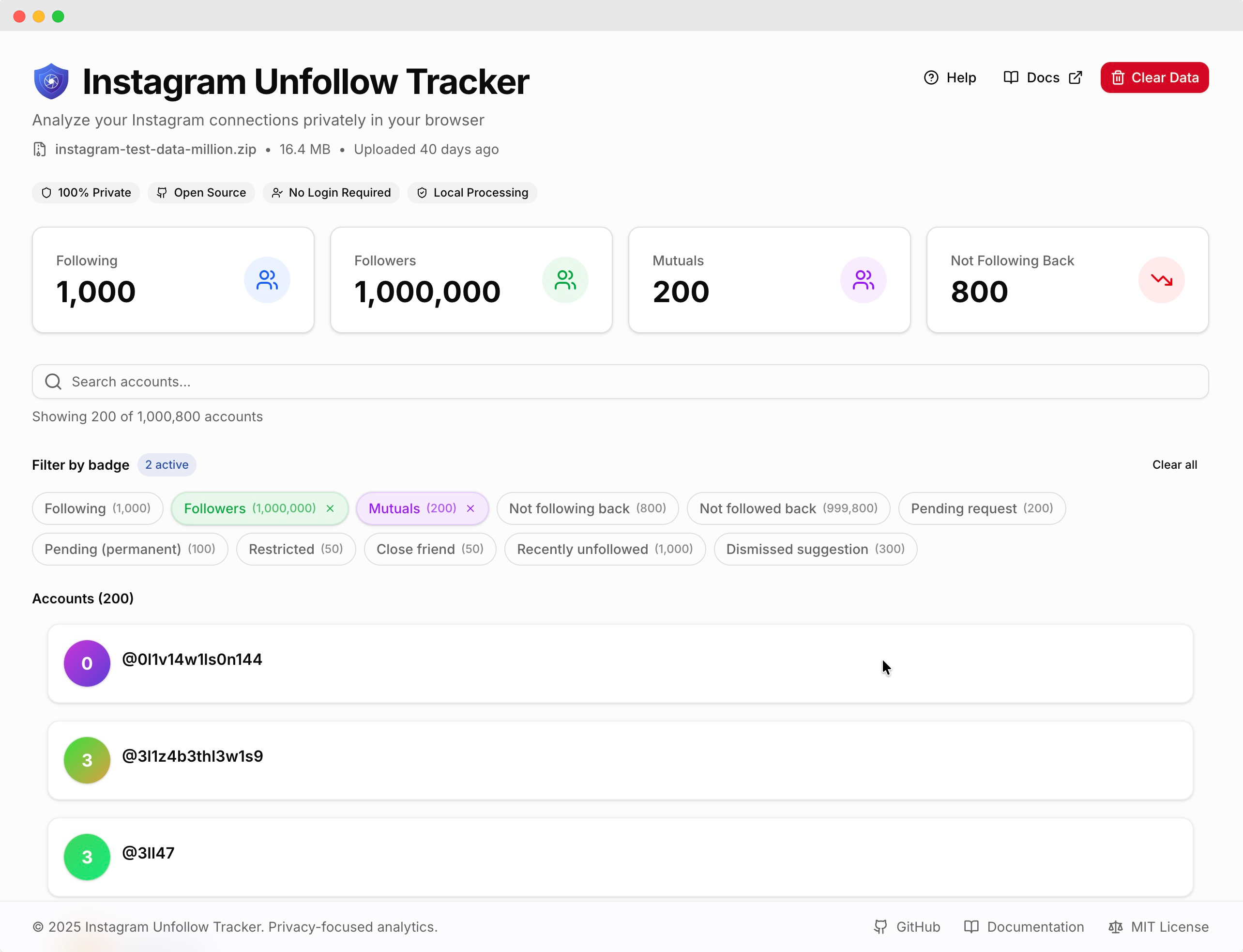 Instagram Unfollow Tracker - Main screenshot showing features and interface