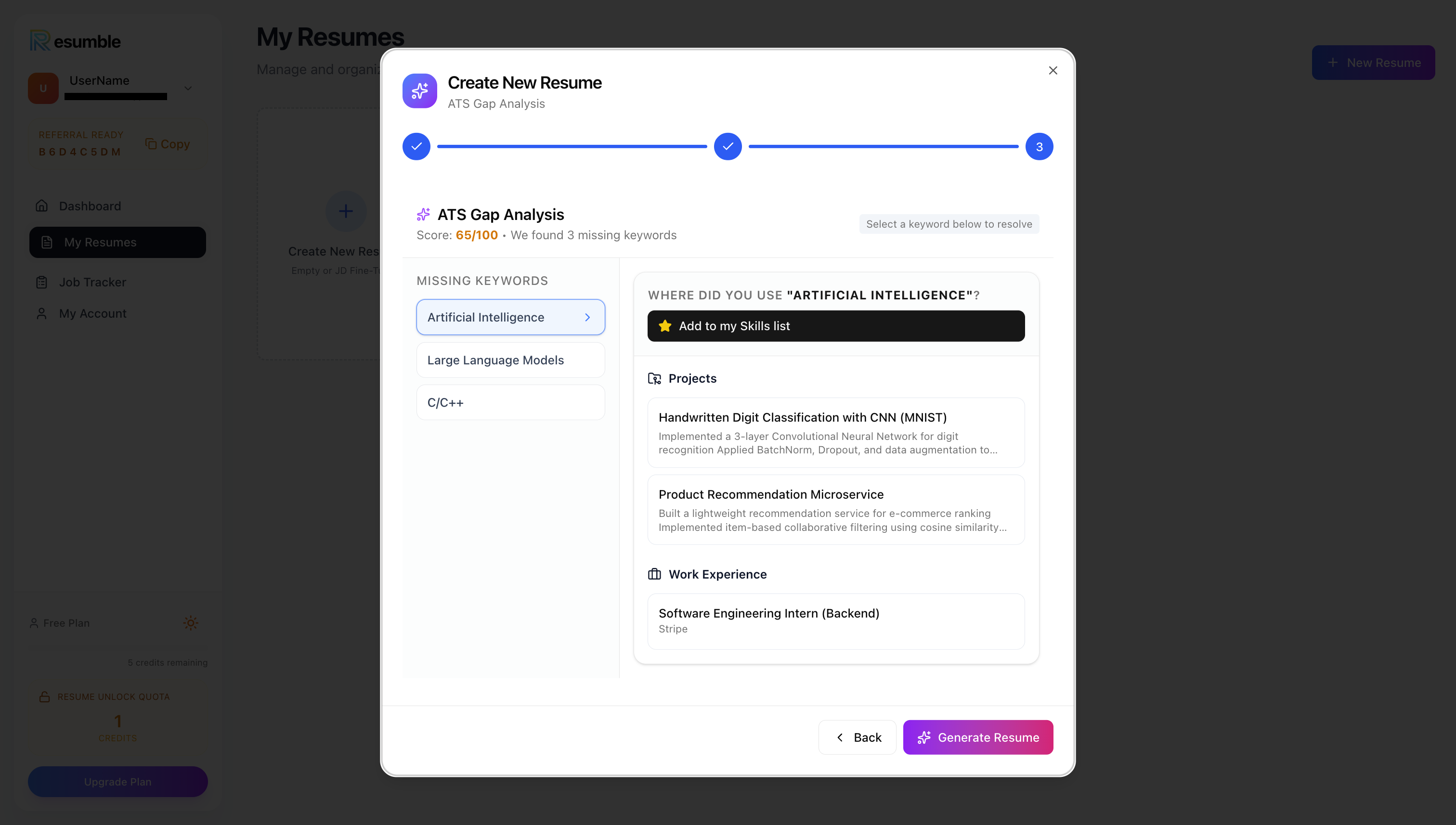 Resumble - Screenshot 3 showing product features and functionality
