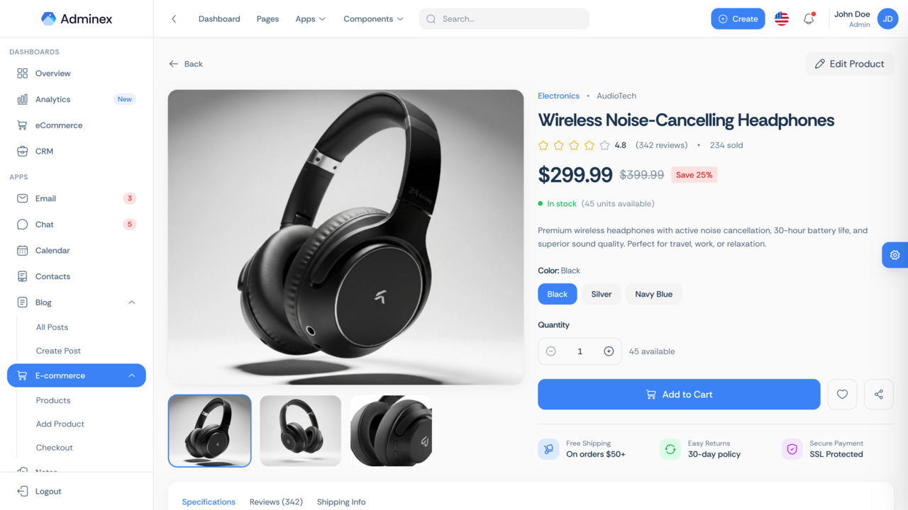 Adminex - React Admin Dashboard Template - Screenshot 4 showing product features and functionality