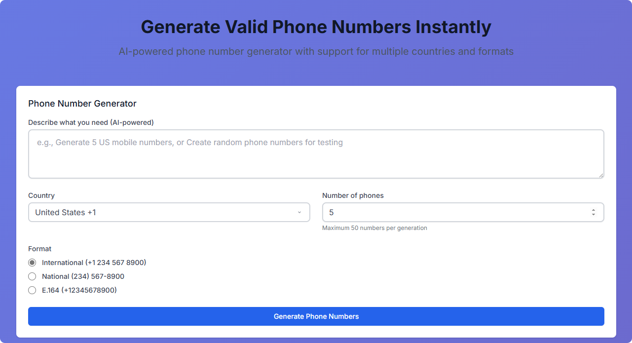 Generatore di numeri di telefono AI - Generatore di numeri di telefono alimentato per test e privacy media 1