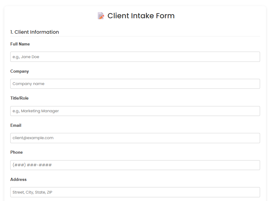 Interactive Client Intake Form screenshot 1