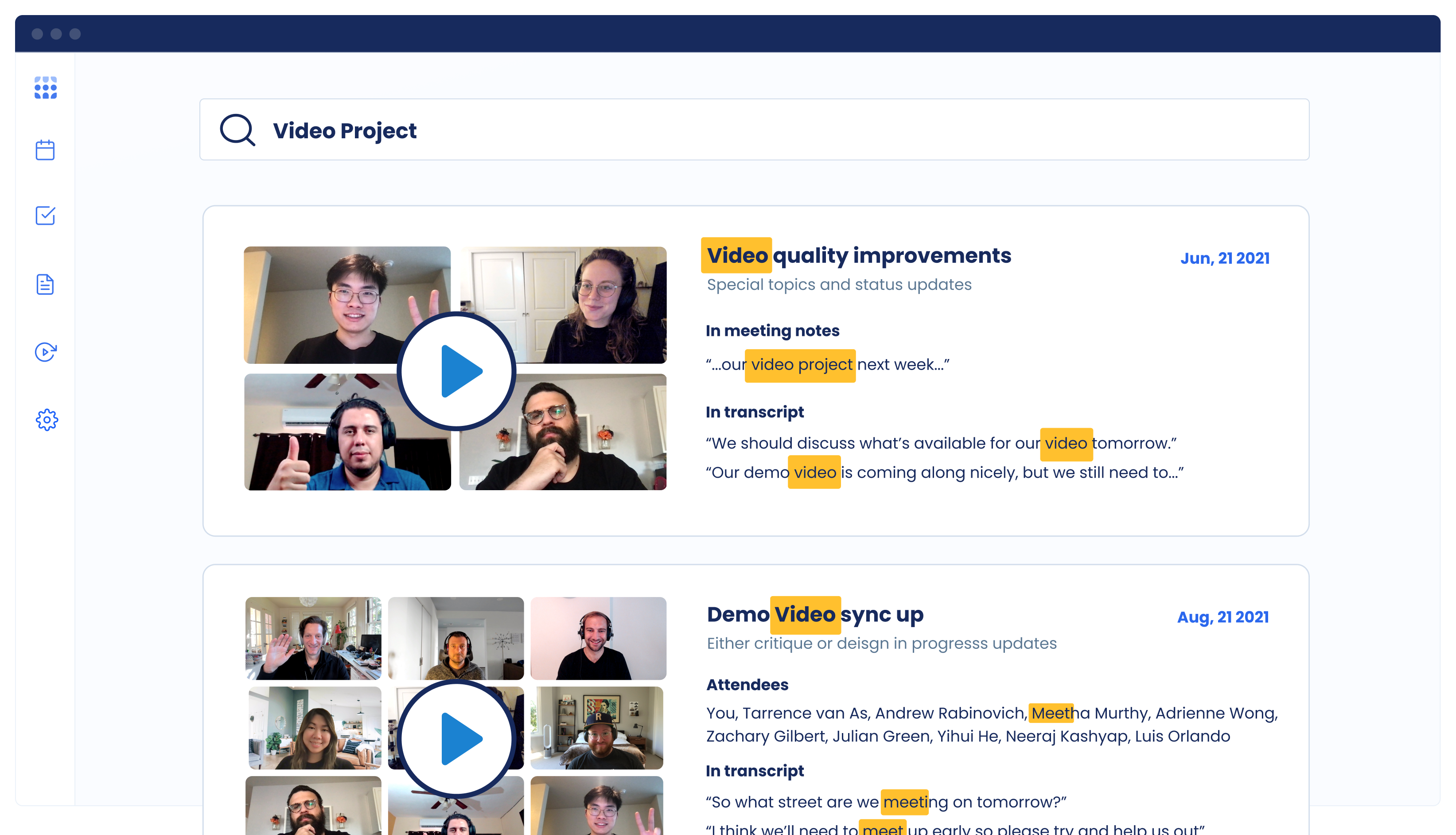 Poll option Search all your meeting transcripts, notes and jump to that moment in video replay image