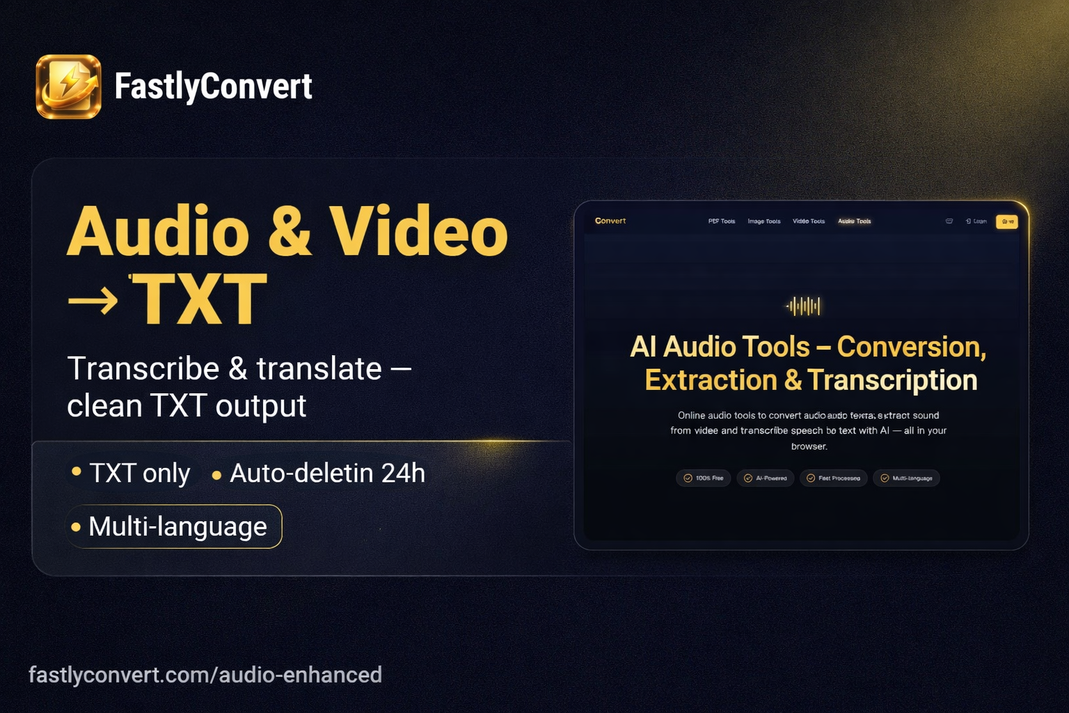 FastlyConvert Audio & Video to Text - Main product screenshot demonstrating key features and user interface