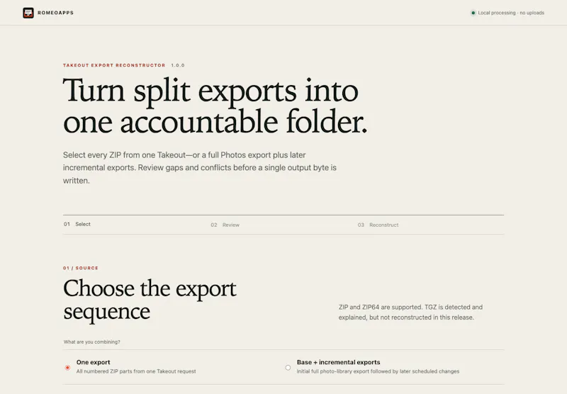Takeout Export Reconstructor — RomeoApps screenshot 1