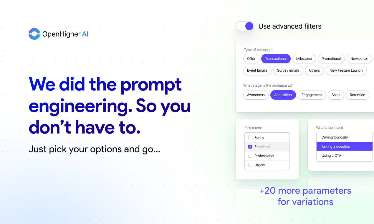 وسائط OpenHigher AI - خطوط موضوع بريد إلكتروني غير مشاركة مدعومة بـ GPT-4 3