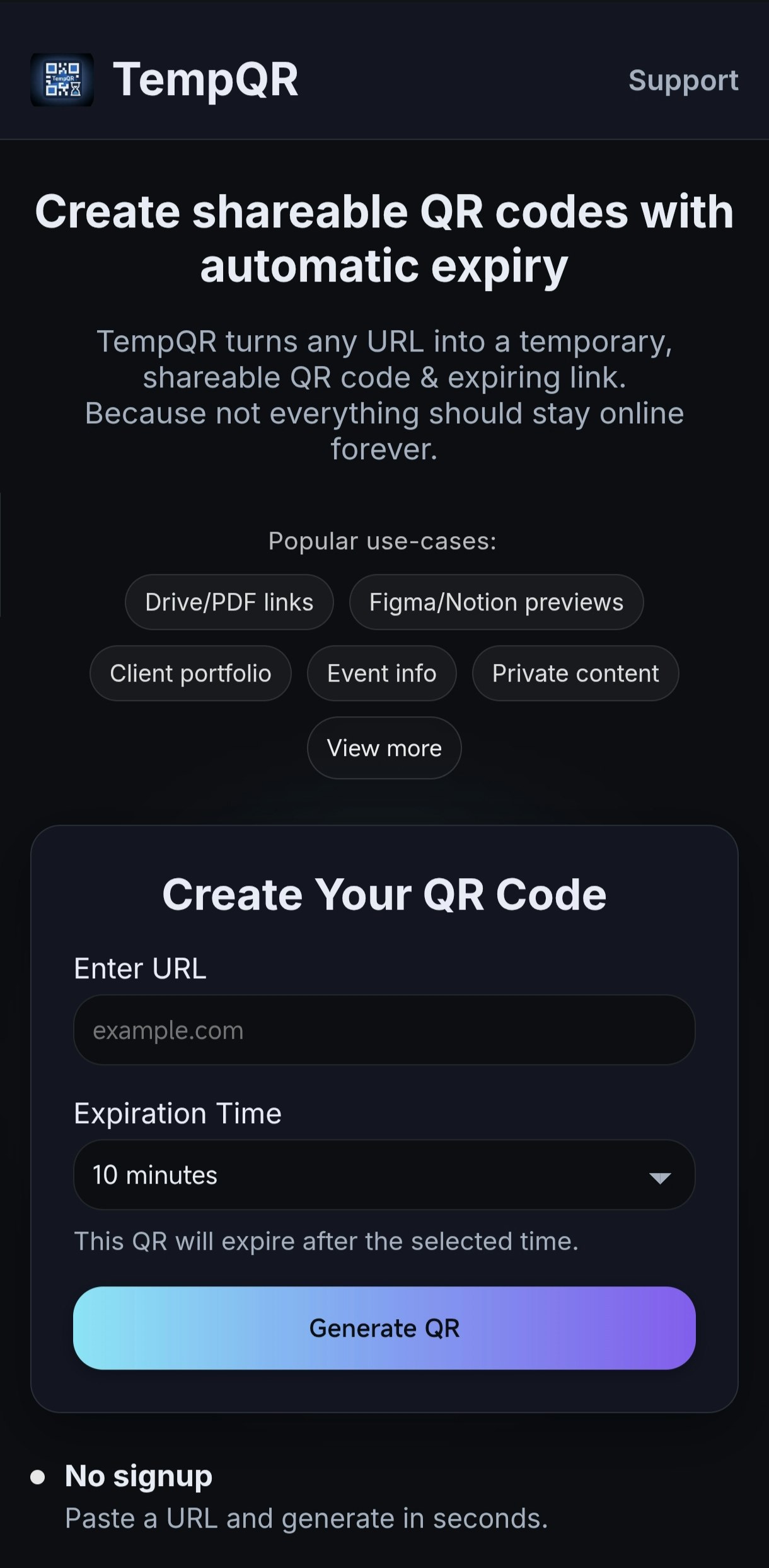 TempQR - Main product screenshot demonstrating key features and user interface