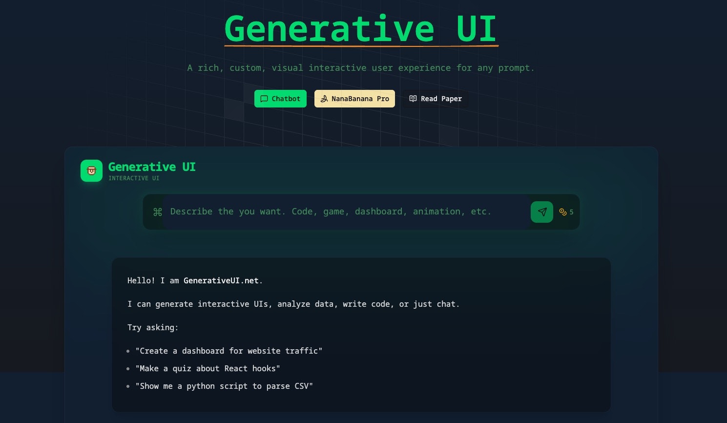 Generative UI - Main product screenshot demonstrating key features and user interface