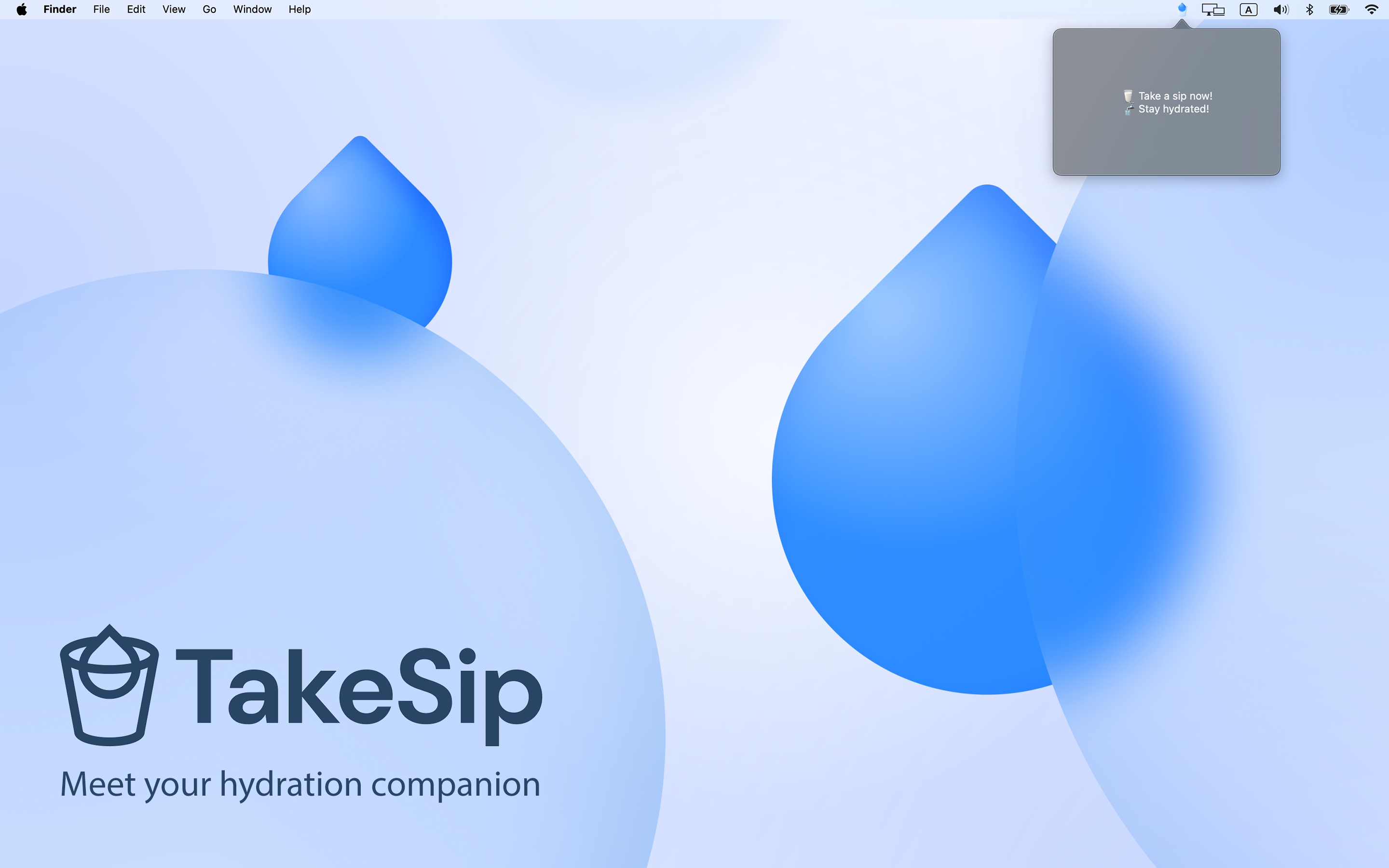 Mídia 1 de Takeip - seu companheiro de hidratação - Lembrando de fazer intervalos de água com um aplicativo macOS simples