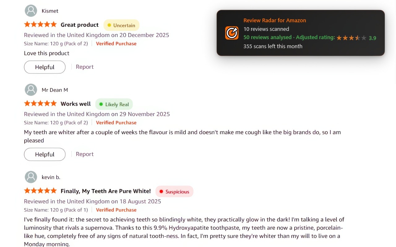 Review Radar for Amazon - Screenshot 2 showing product features and functionality