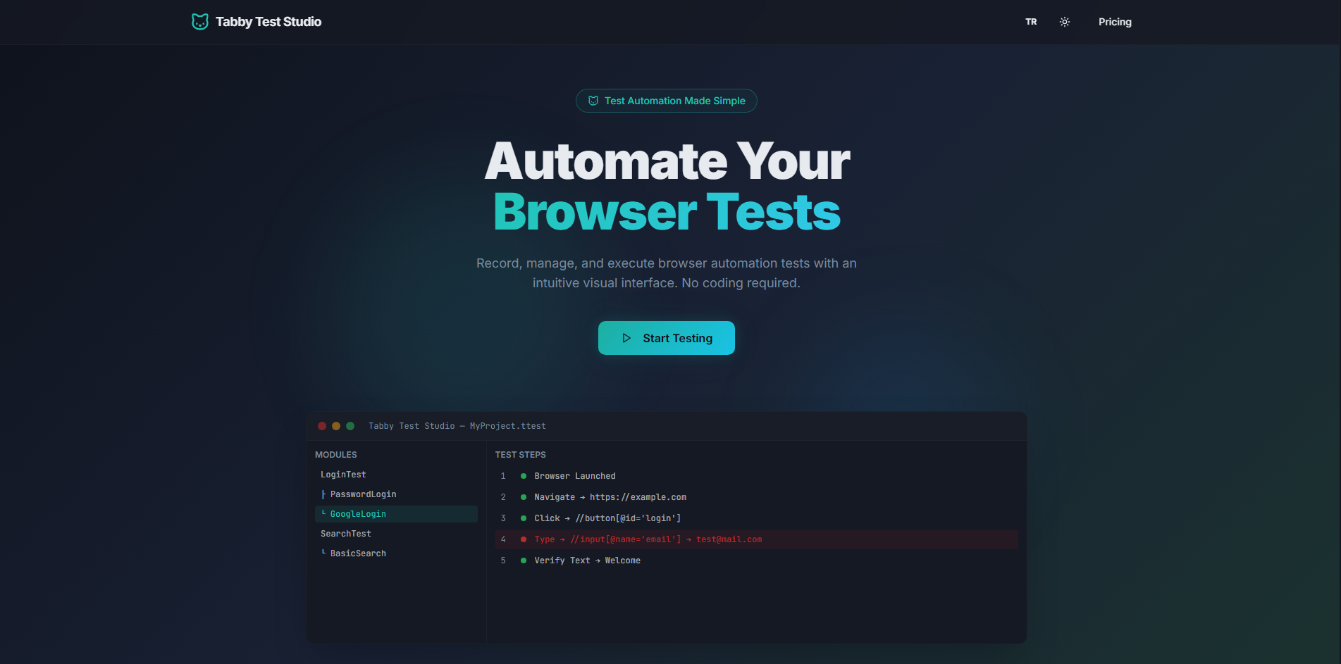 Tabby Test Studio - Main product screenshot demonstrating key features and user interface