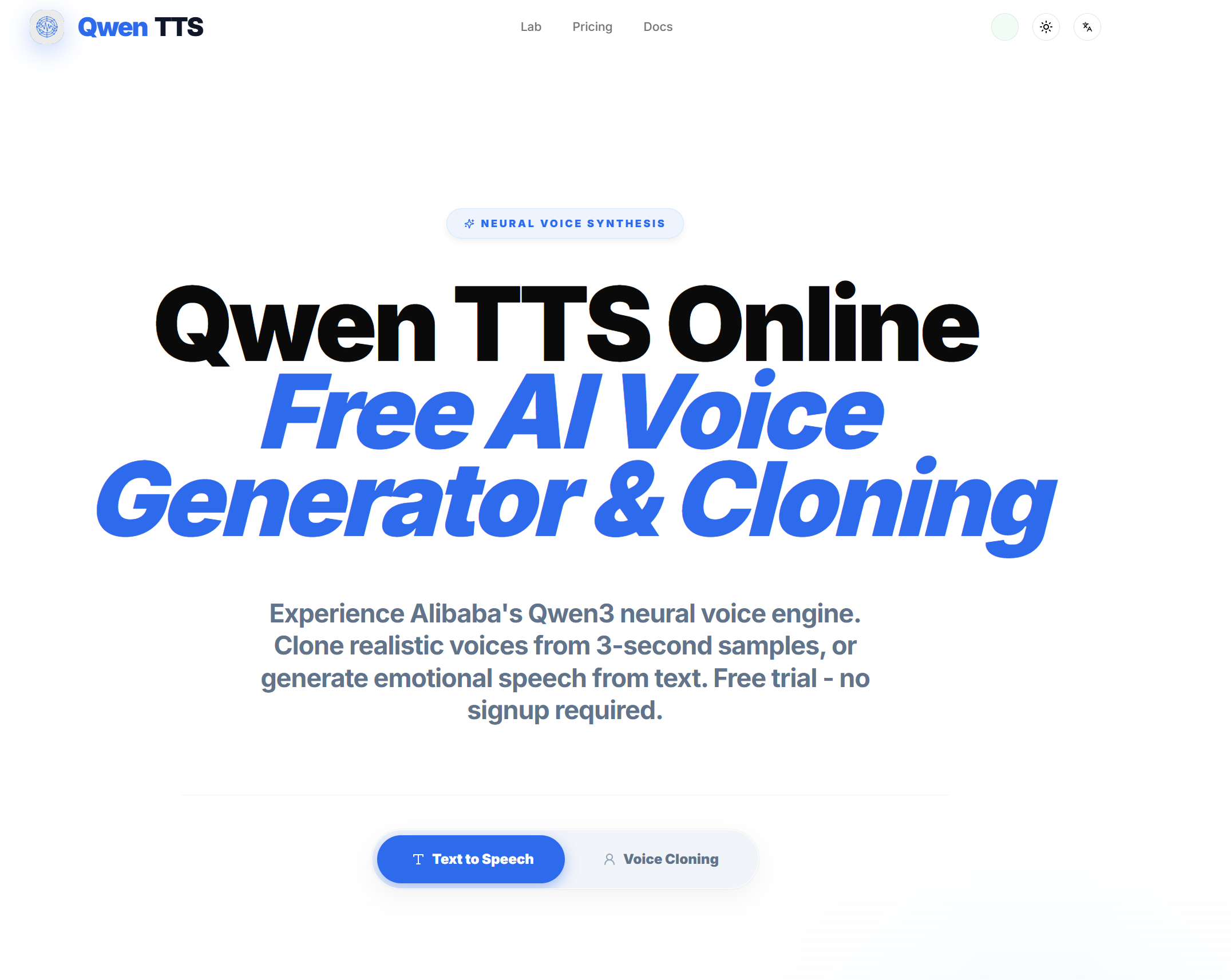 Qwen TTS Online - Main product screenshot demonstrating key features and user interface