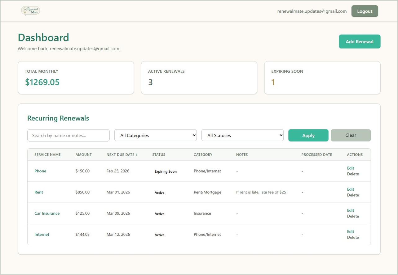 RenewalMate - Main product screenshot demonstrating key features and user interface