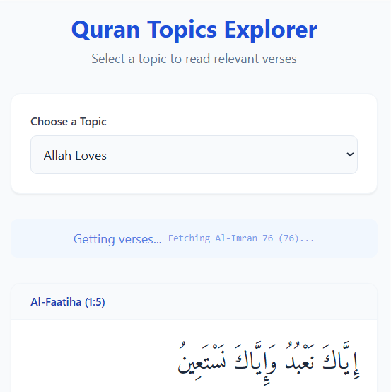 Quran Topics Explorer - Main product screenshot demonstrating key features and user interface