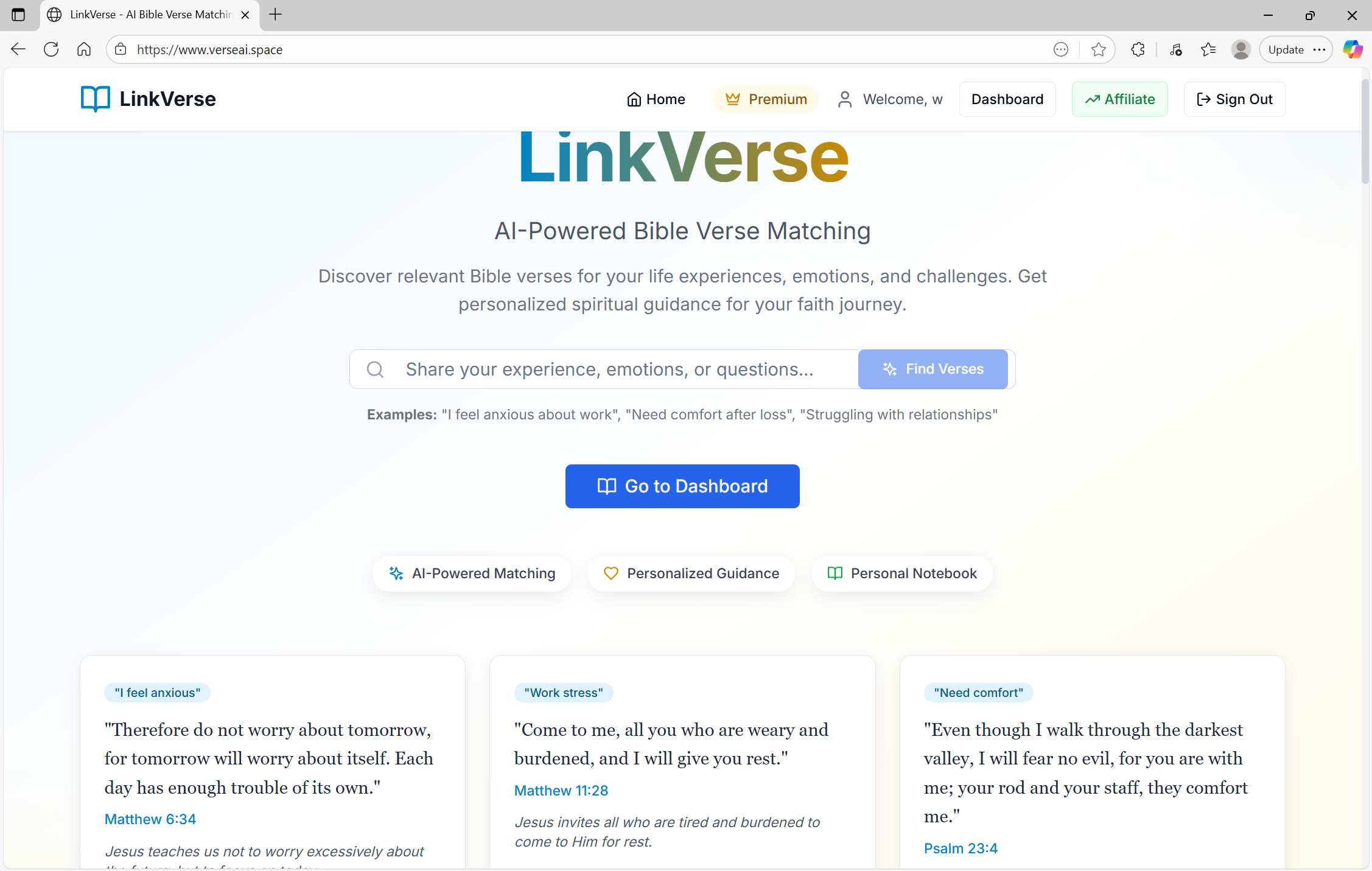 LinkVerse - AI Bible Verse Search - Main product screenshot demonstrating key features and user interface