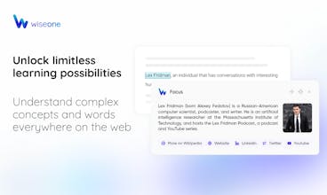 Wiseone 브라우저 확장 프로그램 인터페이스의 스크린샷 - 최첨단 기능 탐색